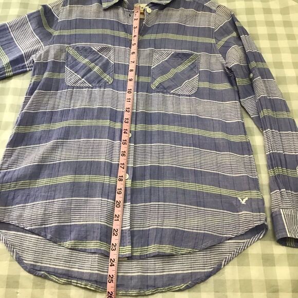 AEO plaid blue Vintage boyfriend 100% cotton button down blouse Small CORNFLOWER - Picture 11 of 14